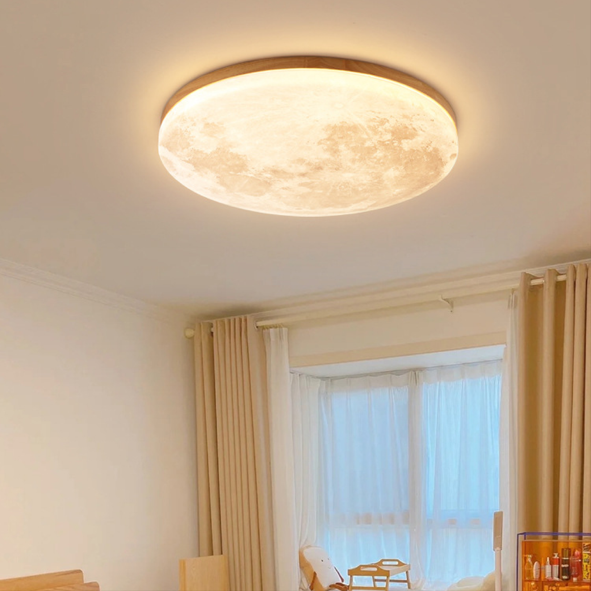 Flush Mount Ceiling Light with Moon Surface Design and Wooden Frame Round LED - Image 2