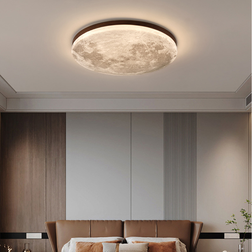 Flush Mount Ceiling Light with Moon Surface Design and Wooden Frame Round LED - Image 3