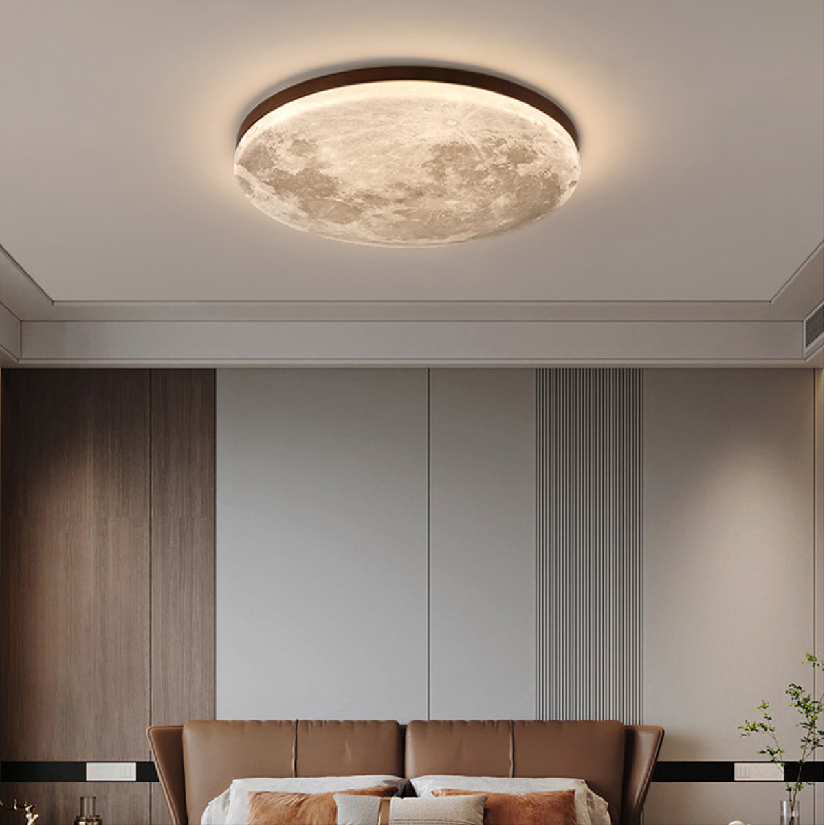 Flush Mount Ceiling Light with Moon Surface Design and Wooden Frame Round LED - Image 3