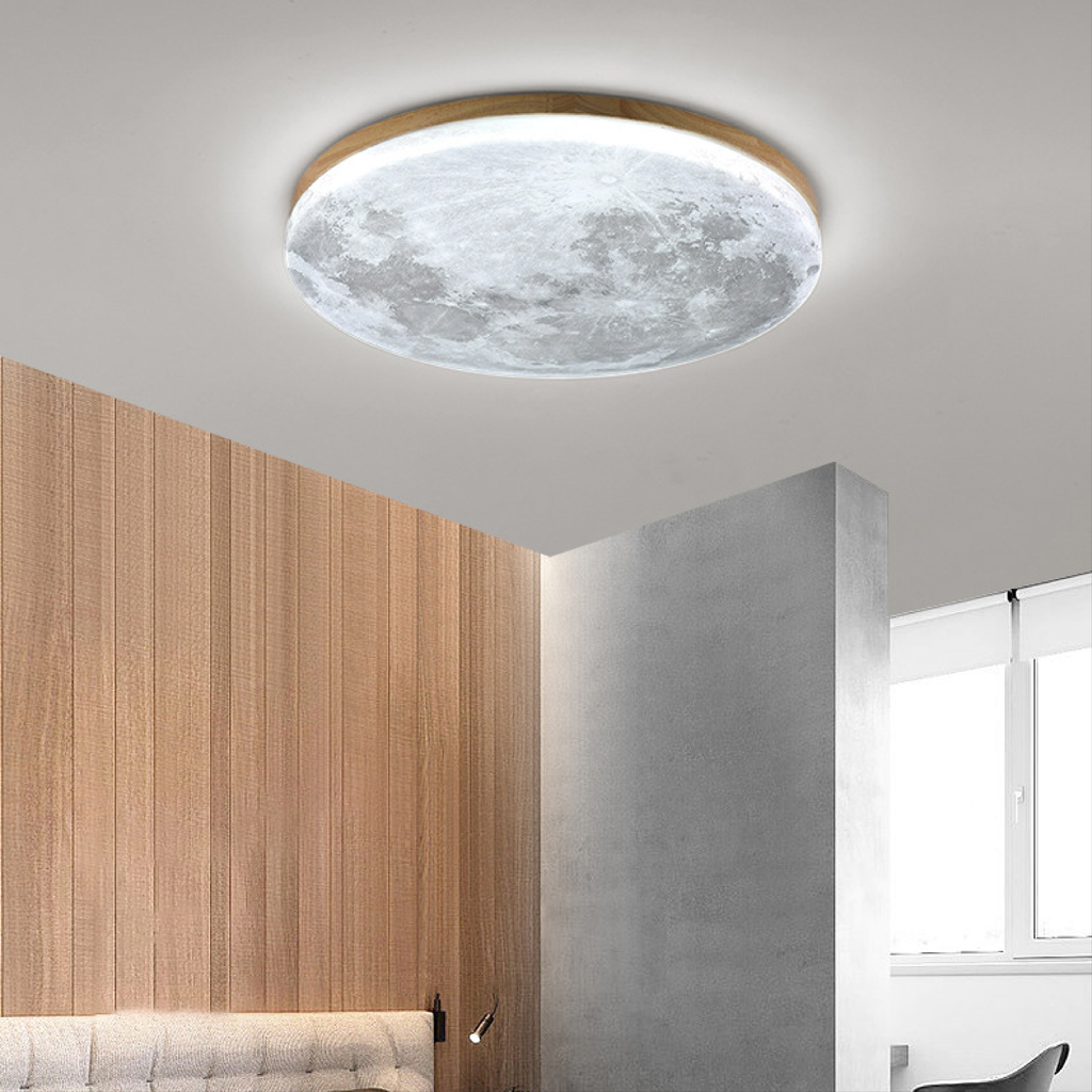 Flush Mount Ceiling Light with Moon Surface Design and Wooden Frame Round LED - Image 4