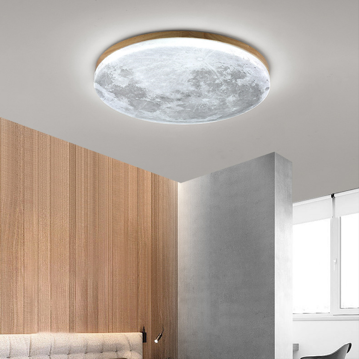 Flush Mount Ceiling Light with Moon Surface Design and Wooden Frame Round LED - Image 4