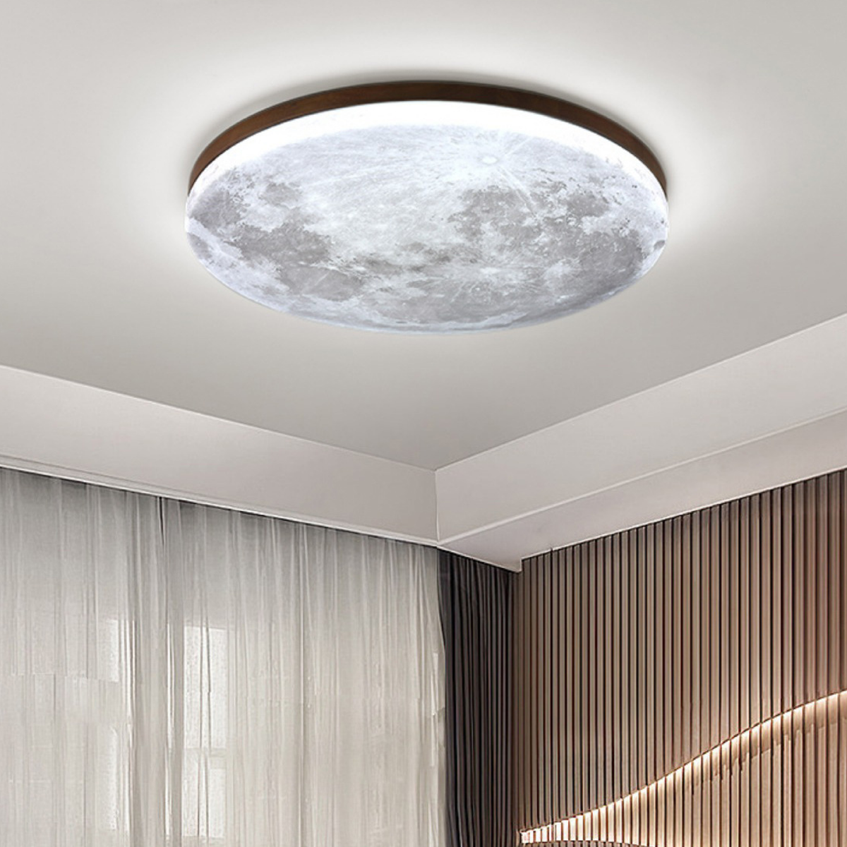 Flush Mount Ceiling Light with Moon Surface Design and Wooden Frame Round LED - Image 5