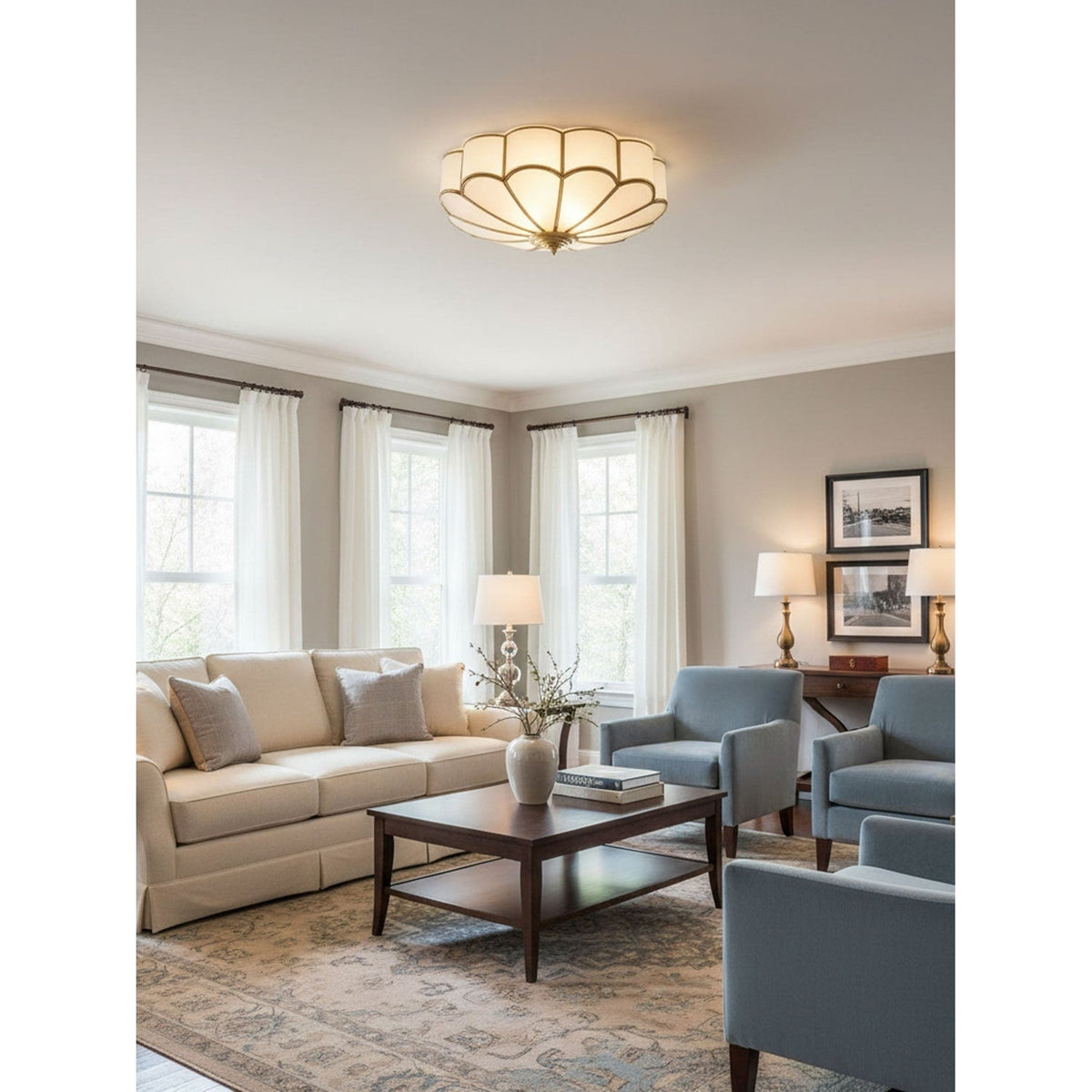 Flush Mount Ceiling Light with Scalloped Floral Design and Frosted Glass - Image 19
