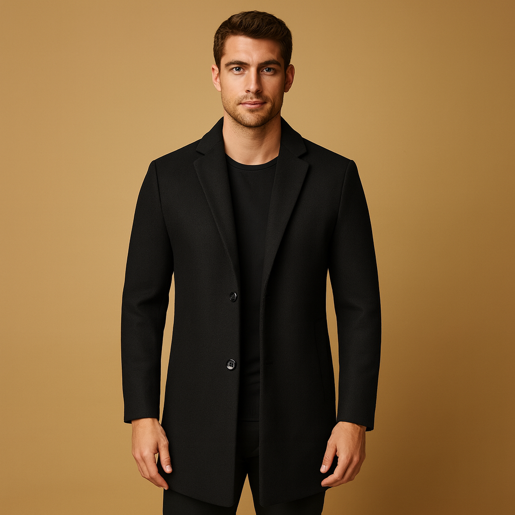 Men’s formal long winter coat with classic design and warm, wind-resistant protection, suitable for business, formal occasions, and daily wear.
