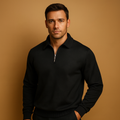 Men’s geometric quarter-zip polo sweater with soft fabric, modern pattern, and comfortable fit for autumn and winter outfits.