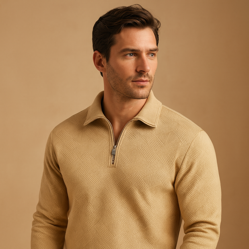 Men’s geometric quarter-zip polo sweater with soft fabric, modern pattern, and comfortable fit for autumn and winter outfits.