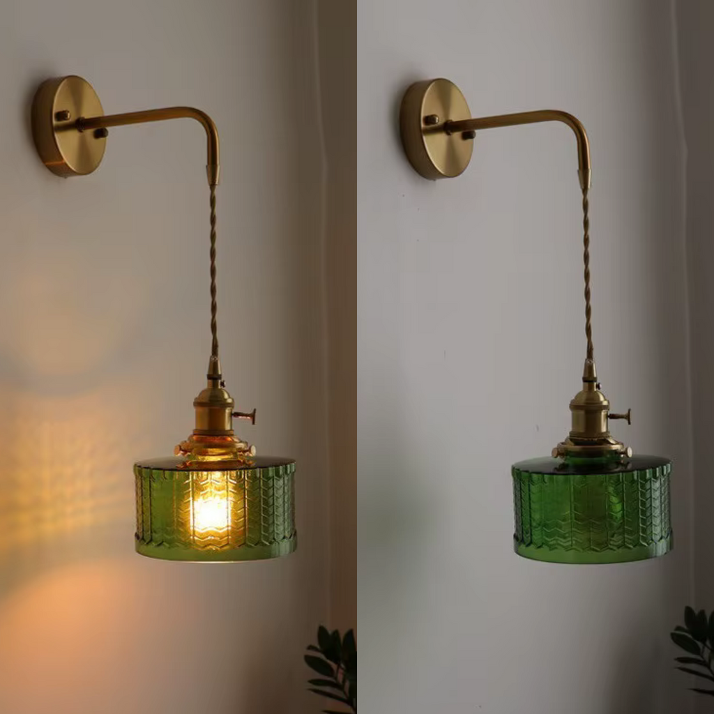 Glass Wall Sconce with Vintage Brass Hanging Pendant and Textured Shade - Image 1