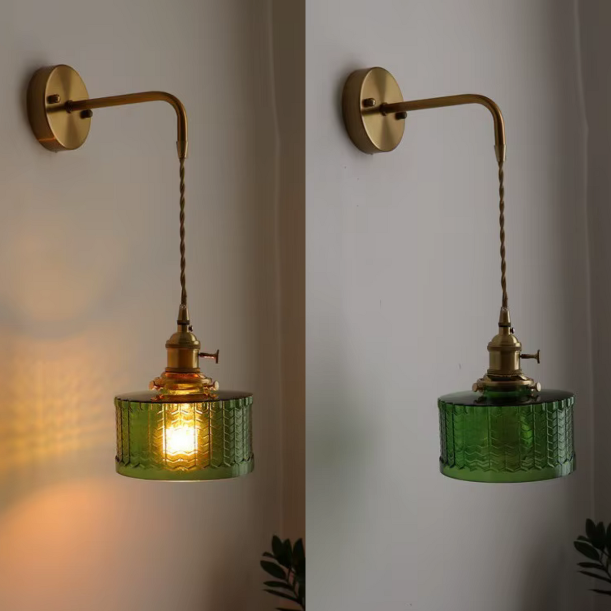 Glass Wall Sconce with Vintage Brass Hanging Pendant and Textured Shade - Image 1