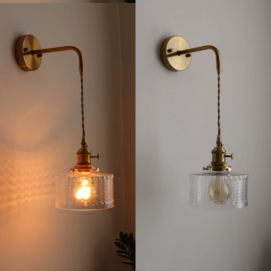 Glass Wall Sconce with Vintage Brass Hanging Pendant and Textured Shade - Image 2