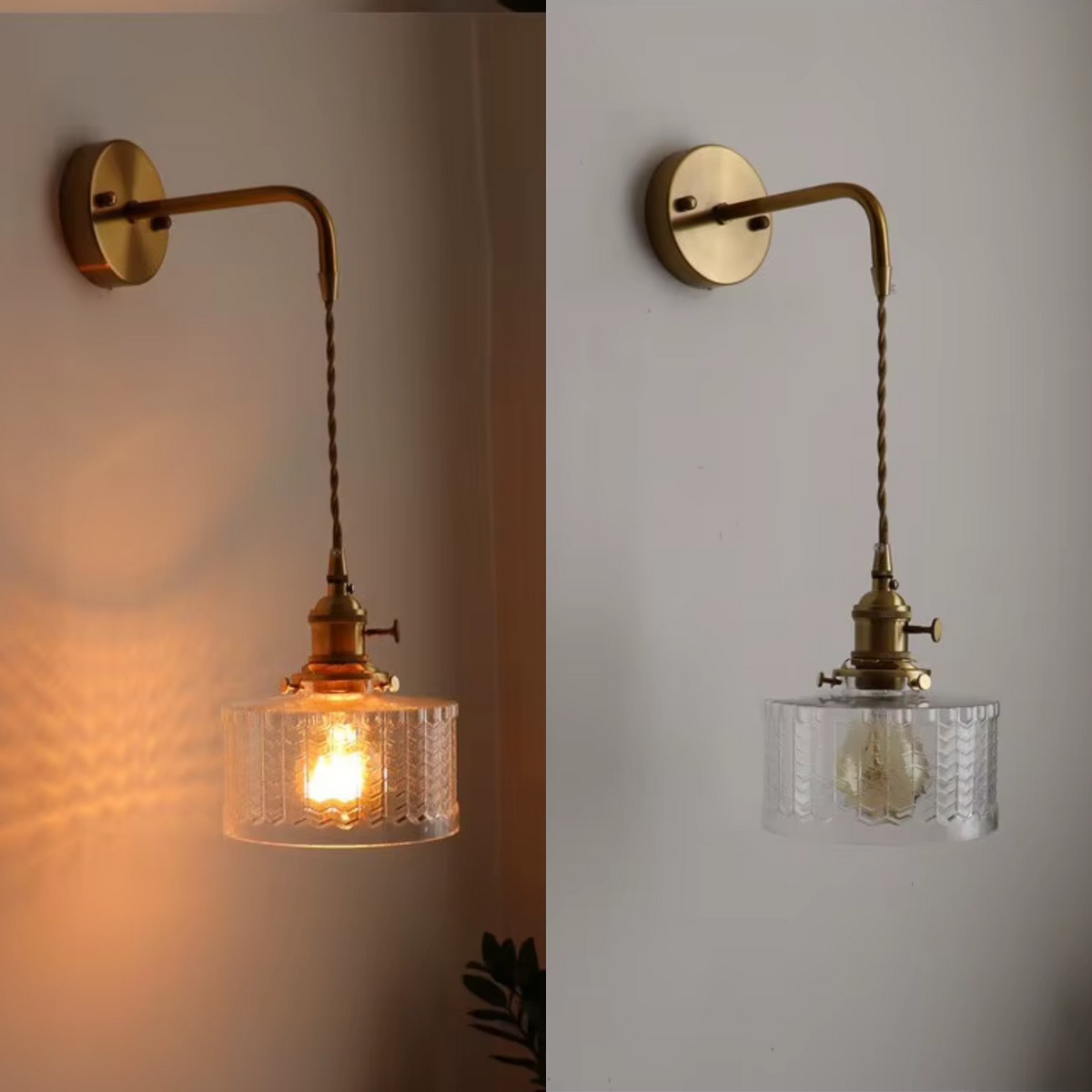 Glass Wall Sconce with Vintage Brass Hanging Pendant and Textured Shade - Image 2
