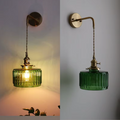 Glass Wall Sconce with Vintage Brass Hanging Pendant and Textured Shade - Image 3