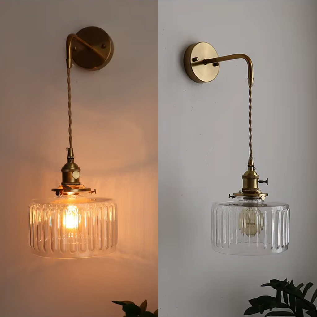 Glass Wall Sconce with Vintage Brass Hanging Pendant and Textured Shade - Image 4