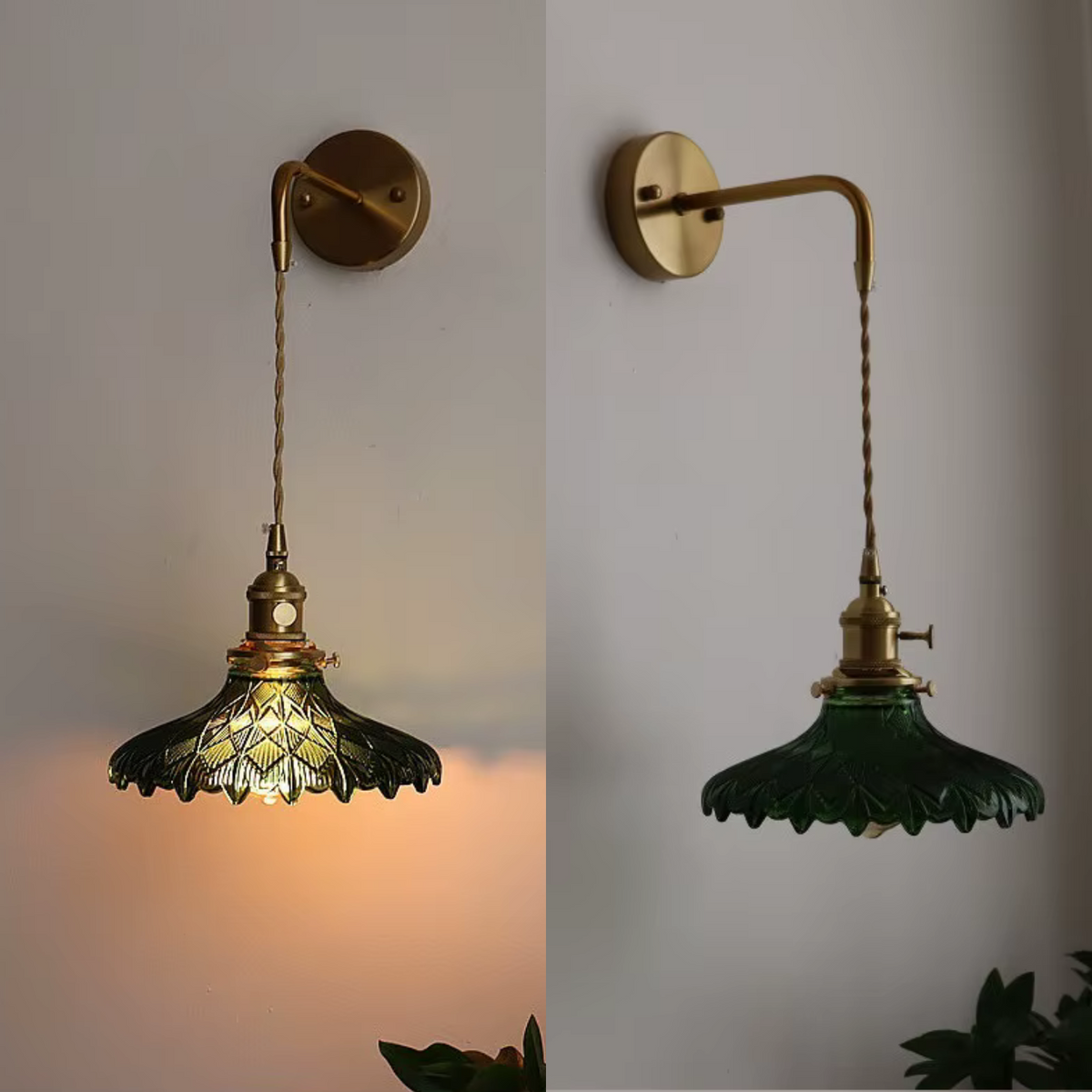 Glass Wall Sconce with Vintage Brass Hanging Pendant and Textured Shade - Image 5