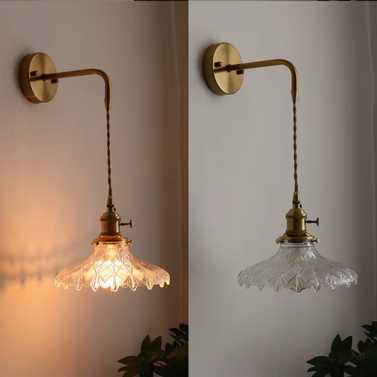 Glass Wall Sconce with Vintage Brass Hanging Pendant and Textured Shade - Image 6