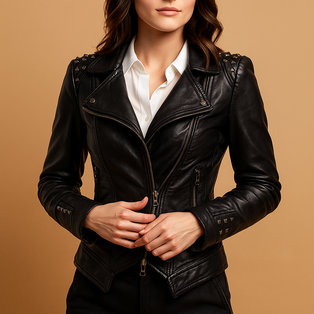 Woman wearing a slim fit gothic jacket for women with quilted accents and silver hardware, styled for alternative fashion and edgy streetwear looks.