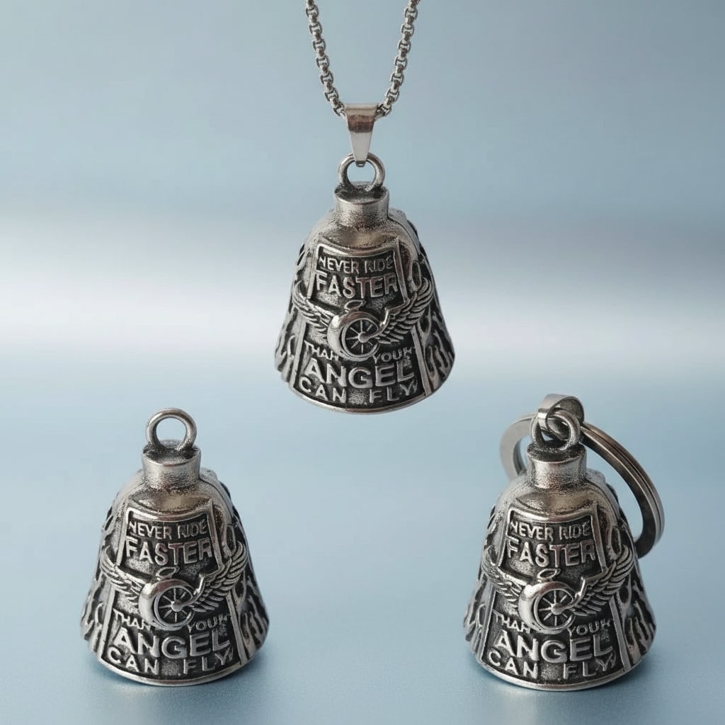 Guardian Bell Motorcycle with Engraved Angel Design and Antique Silver Finish - Image 1