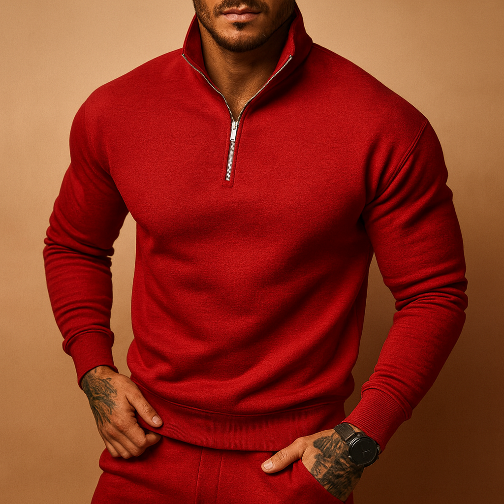 Men’s half-zip knitted sweater with soft comfortable fit, ideal for autumn and winter casual or formal looks.
