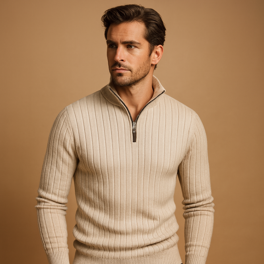 Men’s half-zip ribbed sweater with a modern design, featuring ribbed sleeves and soft warm fabric for autumn and winter wear.