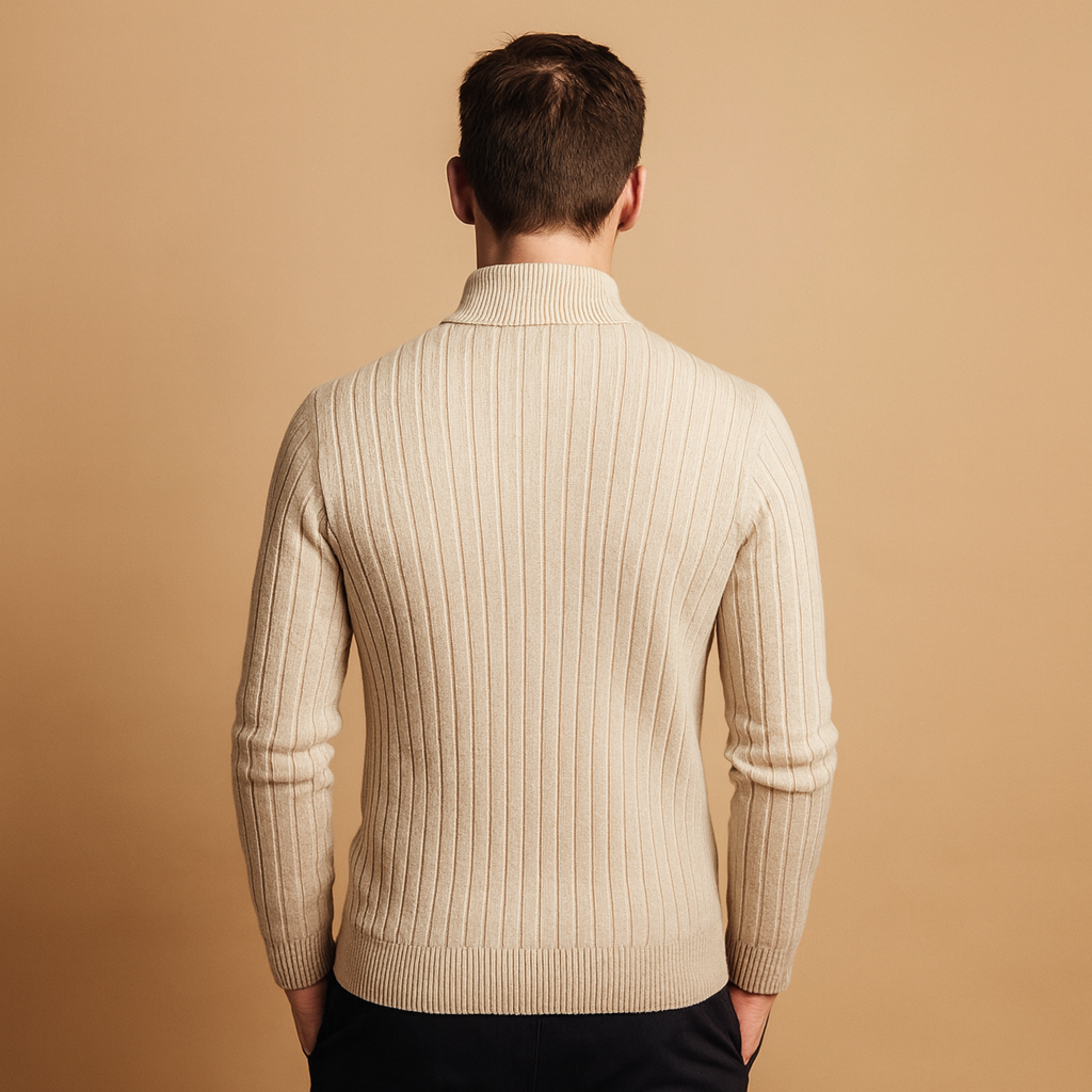Men’s half-zip ribbed sweater with a modern design, featuring ribbed sleeves and soft warm fabric for autumn and winter wear.