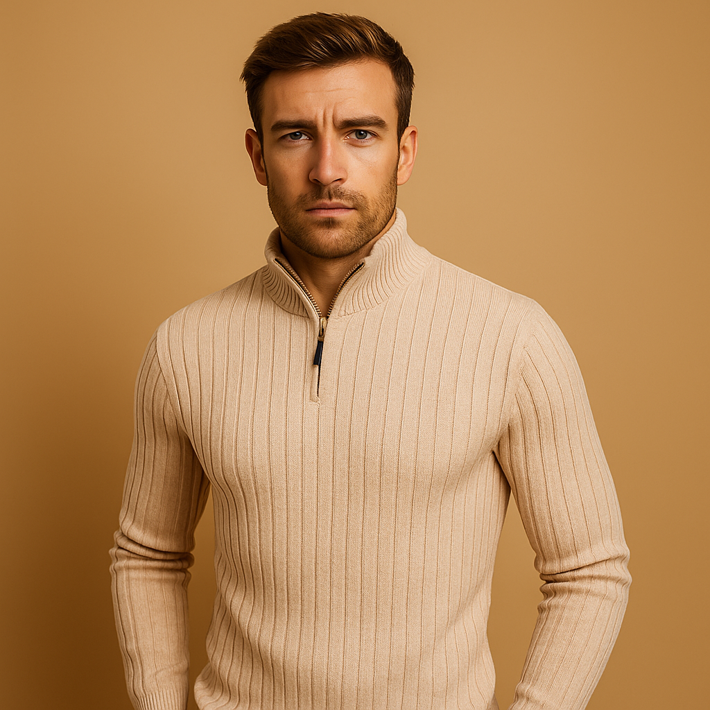 Men’s half-zip ribbed sweater with a modern design, featuring ribbed sleeves and soft warm fabric for autumn and winter wear.