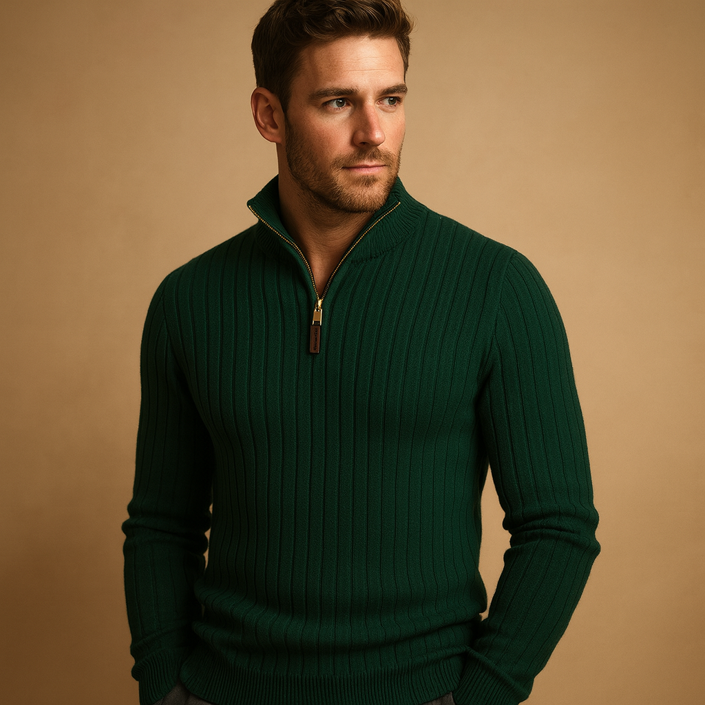 Men’s half-zip ribbed sweater with a modern design, featuring ribbed sleeves and soft warm fabric for autumn and winter wear.
