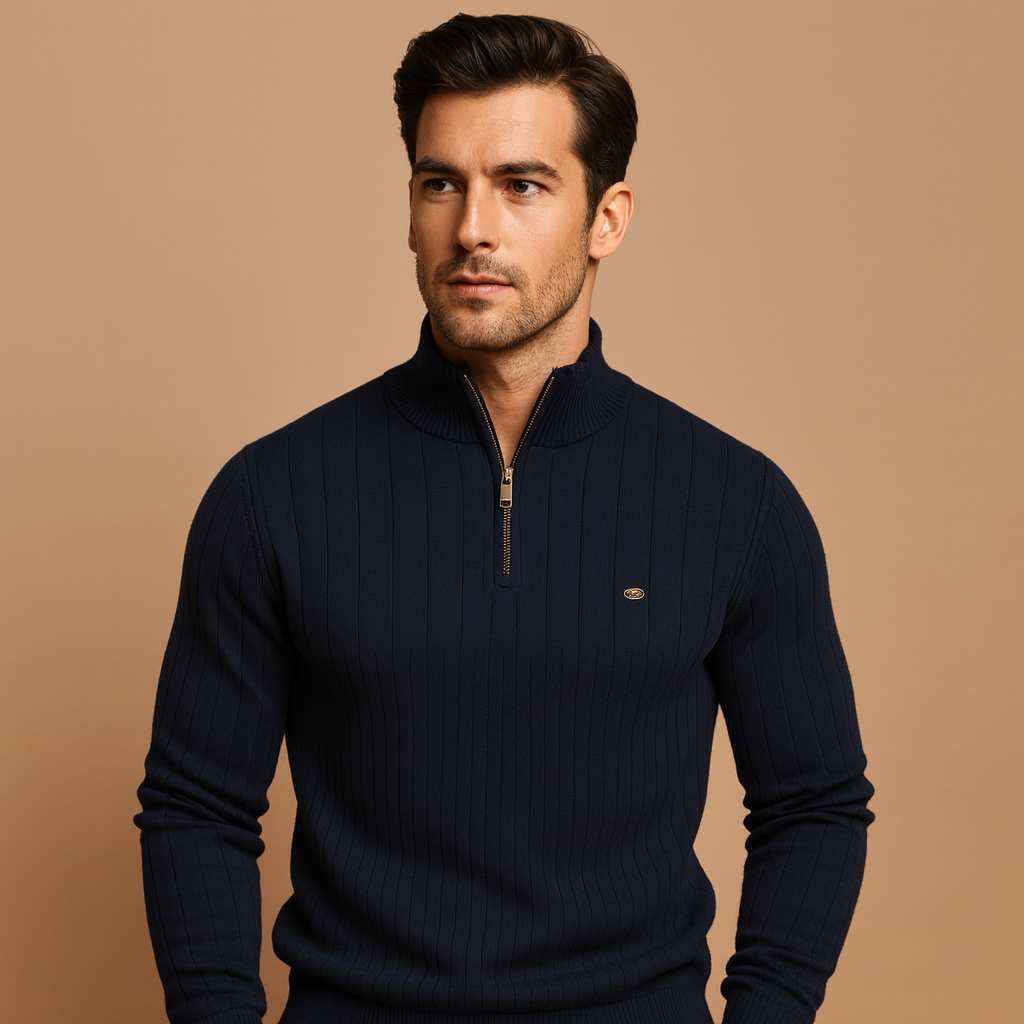 Men’s slim-fit knitted half-zip sweater with a high collar, offering warmth and modern style for autumn and winter outfits.