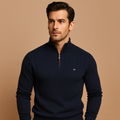 Men’s slim-fit knitted half-zip sweater with a high collar, offering warmth and modern style for autumn and winter outfits.