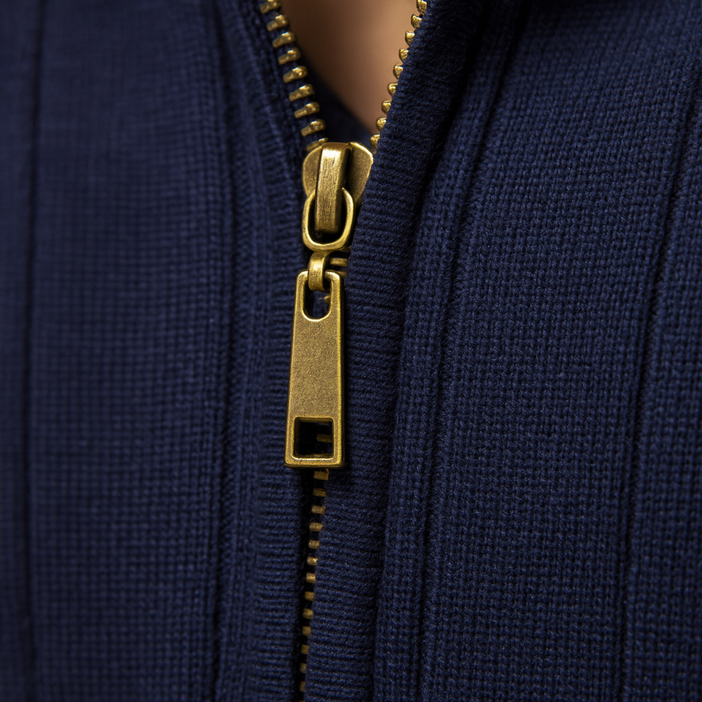 Men’s slim-fit knitted half-zip sweater with a high collar, offering warmth and modern style for autumn and winter outfits.