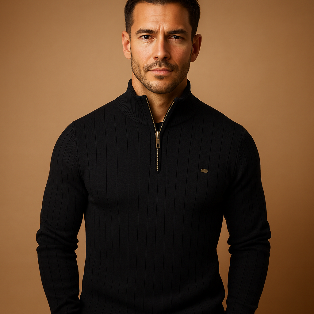 Men’s slim-fit knitted half-zip sweater with a high collar, offering warmth and modern style for autumn and winter outfits.