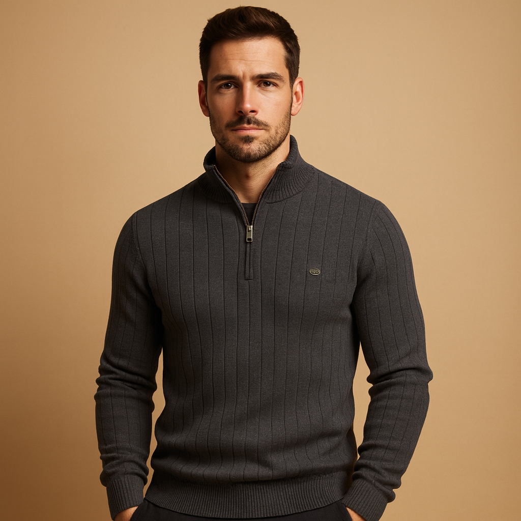 Men’s slim-fit knitted half-zip sweater with a high collar, offering warmth and modern style for autumn and winter outfits.