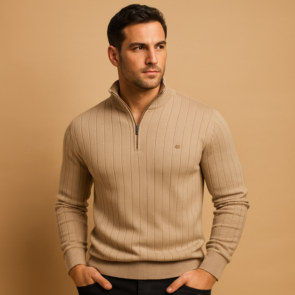 Men’s slim-fit knitted half-zip sweater with a high collar, offering warmth and modern style for autumn and winter outfits.
