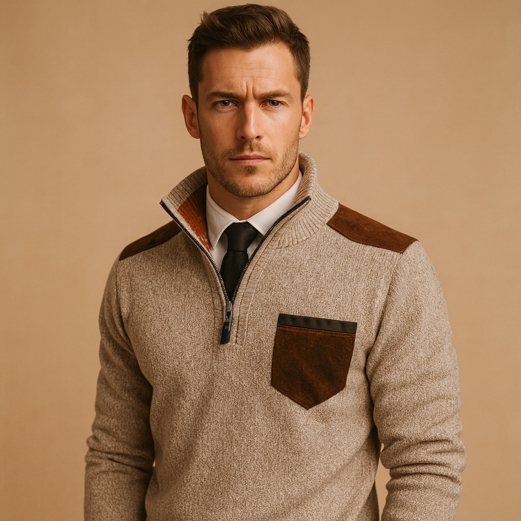 Men’s half-zip sweater with adjustable stand collar and chest pocket, designed for warmth and versatile everyday wear.