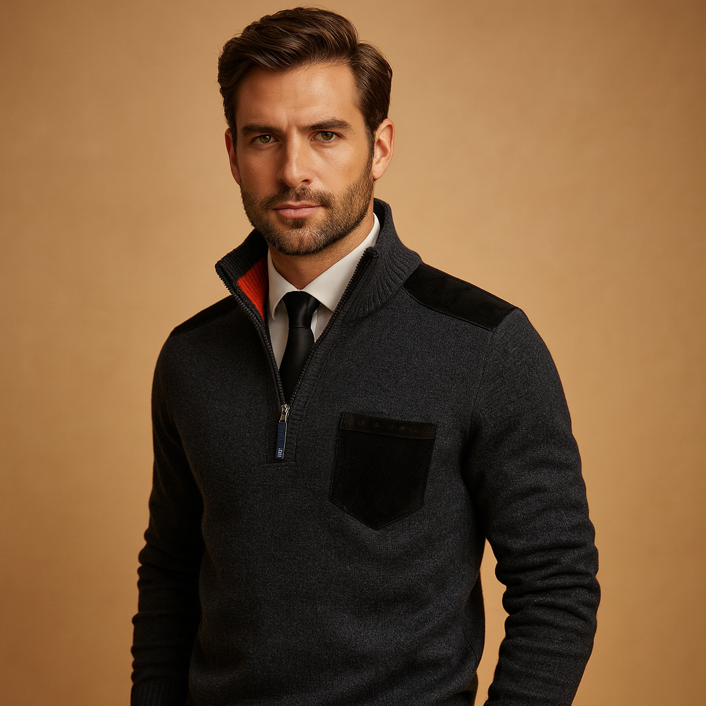 Men’s half-zip sweater with adjustable stand collar and chest pocket, designed for warmth and versatile everyday wear.