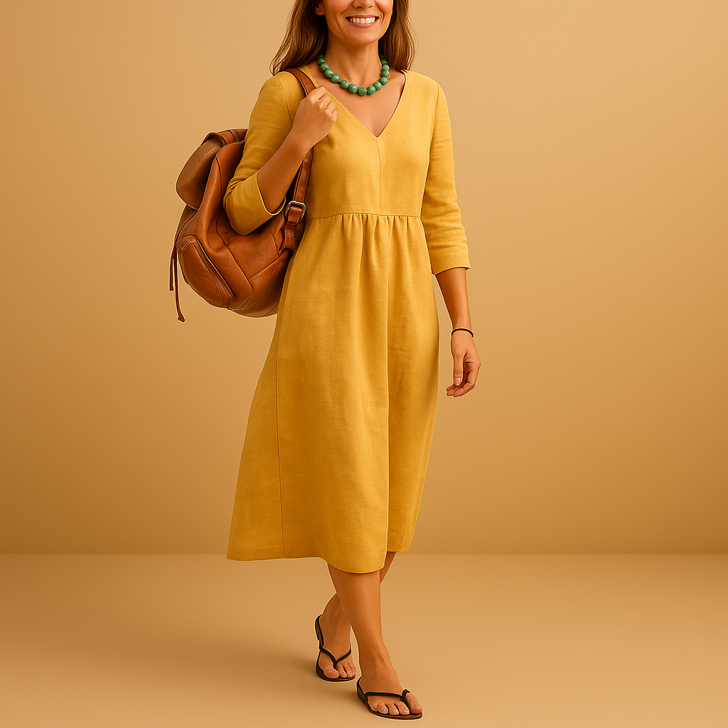High waisted midi dress for women with elegant V-neck and half sleeves, perfect for formal events, office wear, and casual occasions.