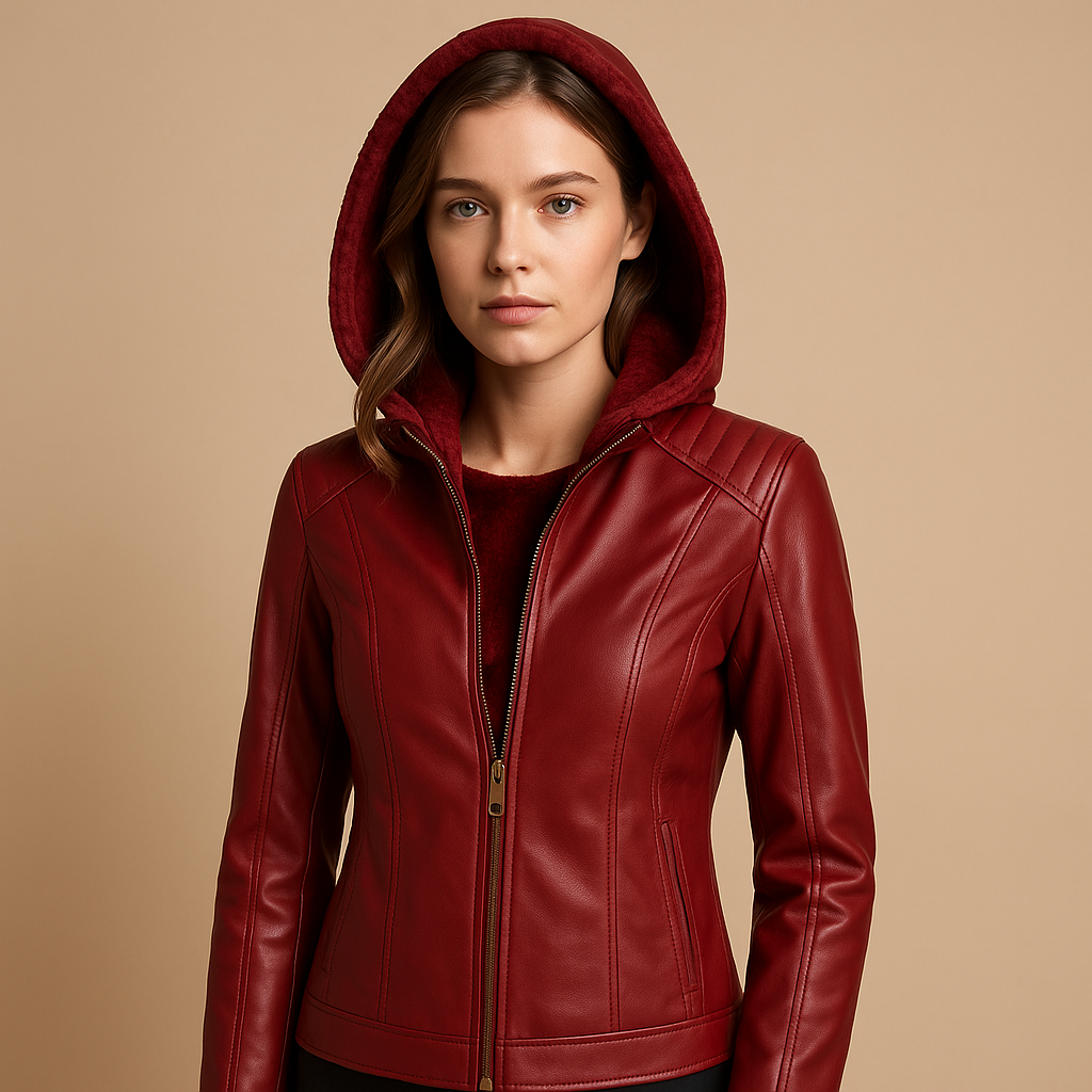 Woman wearing a hooded jacket for women with a regular fit, removable hood, and gold tone details, styled for casual and smart casual looks.