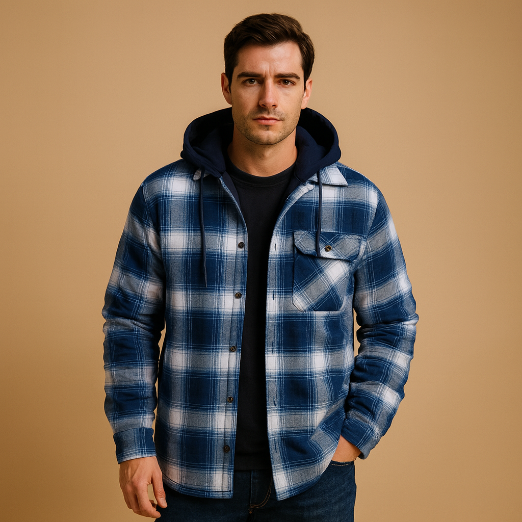 Men’s hooded puffer jacket with classic design, providing warmth, wind resistance, and comfort for cold winter days.