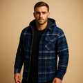 Men’s hooded puffer jacket with classic design, providing warmth, wind resistance, and comfort for cold winter days.