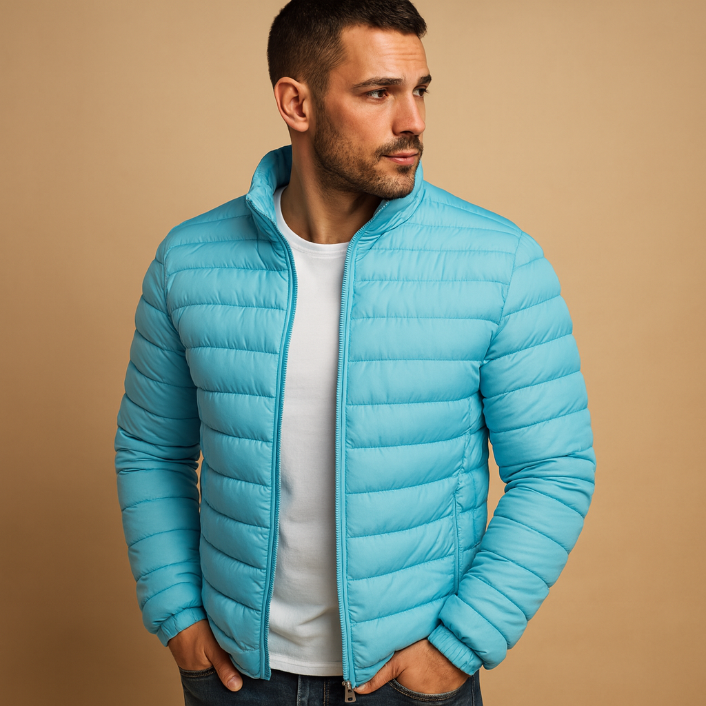 Men’s hooded puffer jacket with classic design, providing warmth, wind resistance, and comfort for cold winter days.