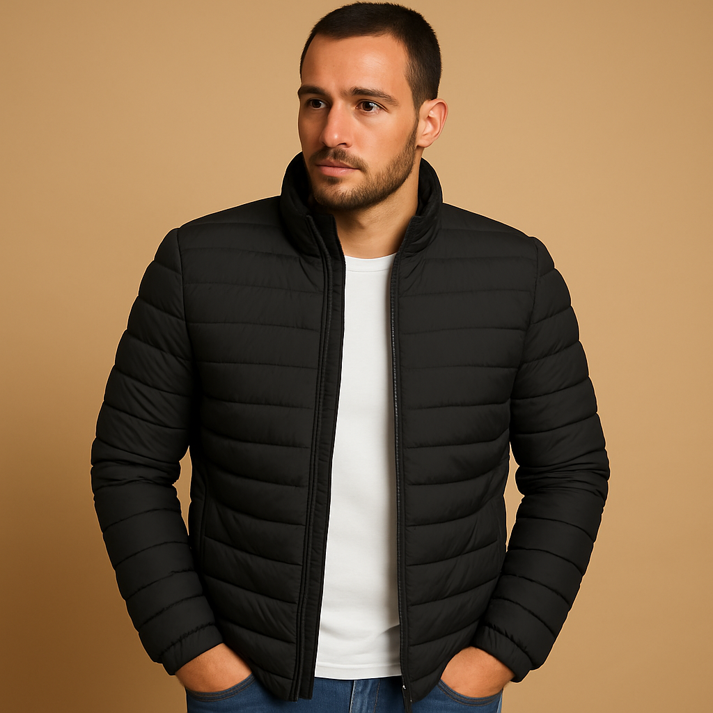 Men’s hooded puffer jacket with classic design, providing warmth, wind resistance, and comfort for cold winter days.