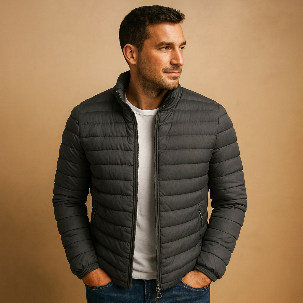 Men’s hooded puffer jacket with classic design, providing warmth, wind resistance, and comfort for cold winter days.