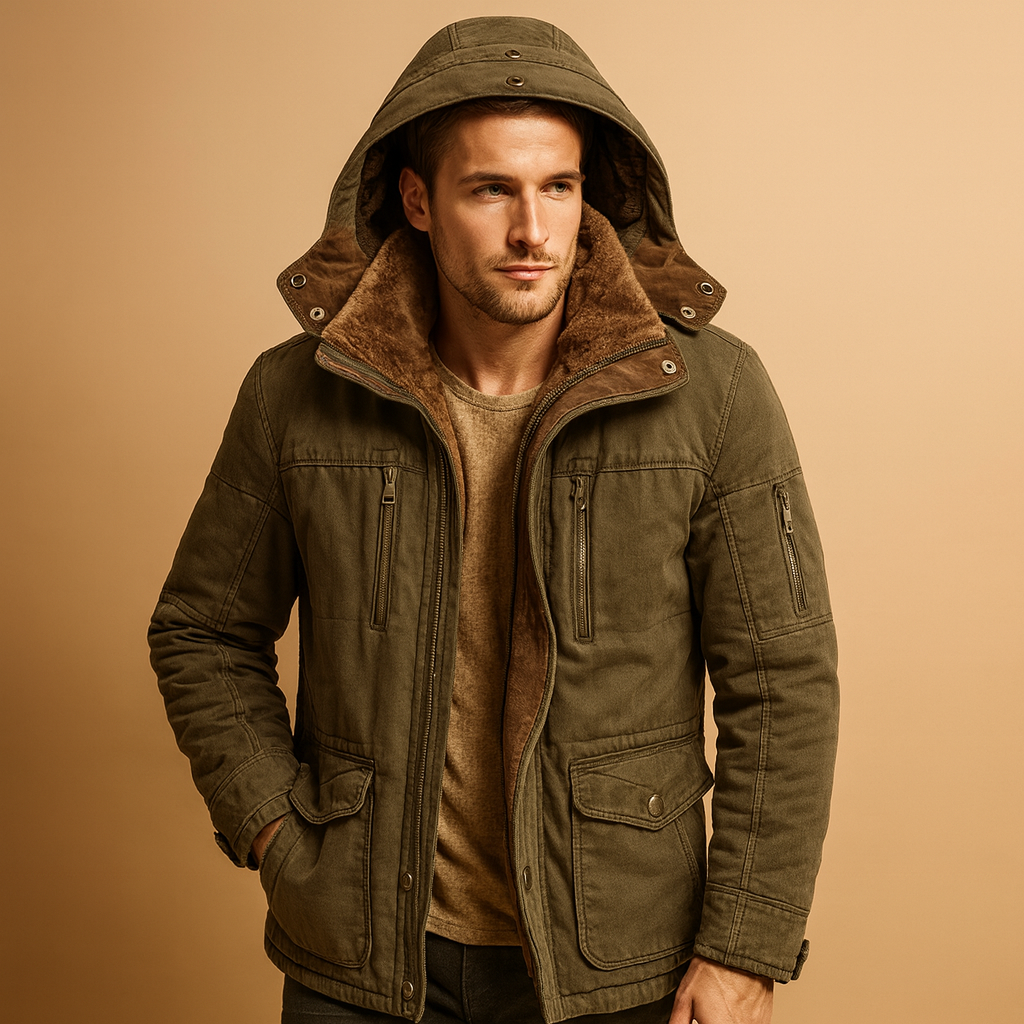 Men’s hooded winter coat with thick insulation and a classic design, offering warmth and protection for cold winter days and outdoor wear.