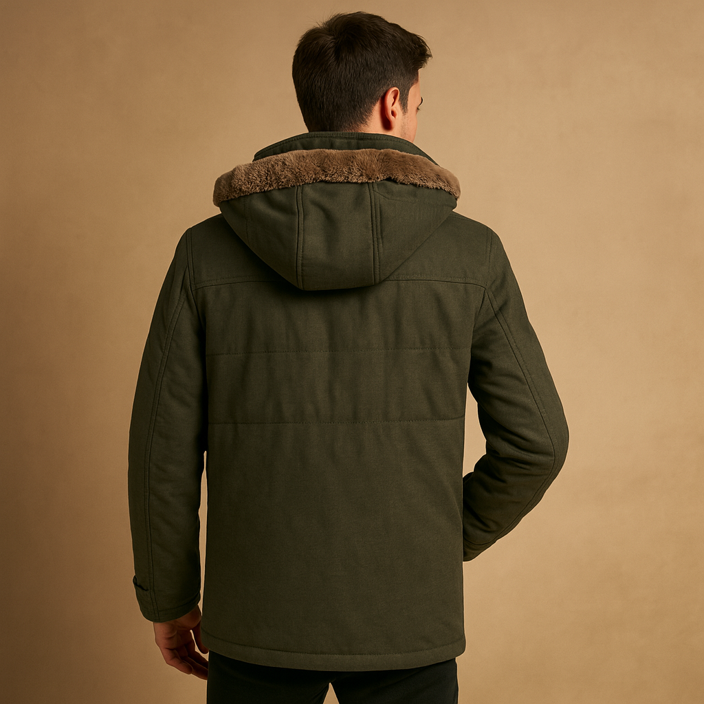Men’s hooded winter coat with thick insulation and a classic design, offering warmth and protection for cold winter days and outdoor wear.