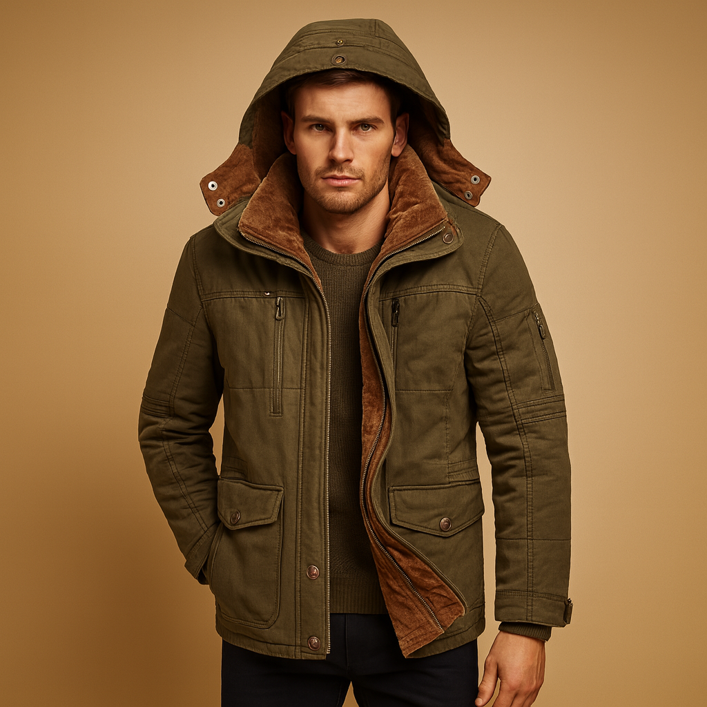 Men’s hooded winter coat with thick insulation and a classic design, offering warmth and protection for cold winter days and outdoor wear.