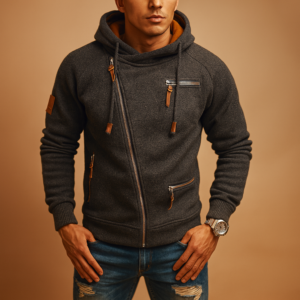 Men’s hooded zip cardigan with warm comfortable fit, modern design, and practical pockets for autumn and winter wear.