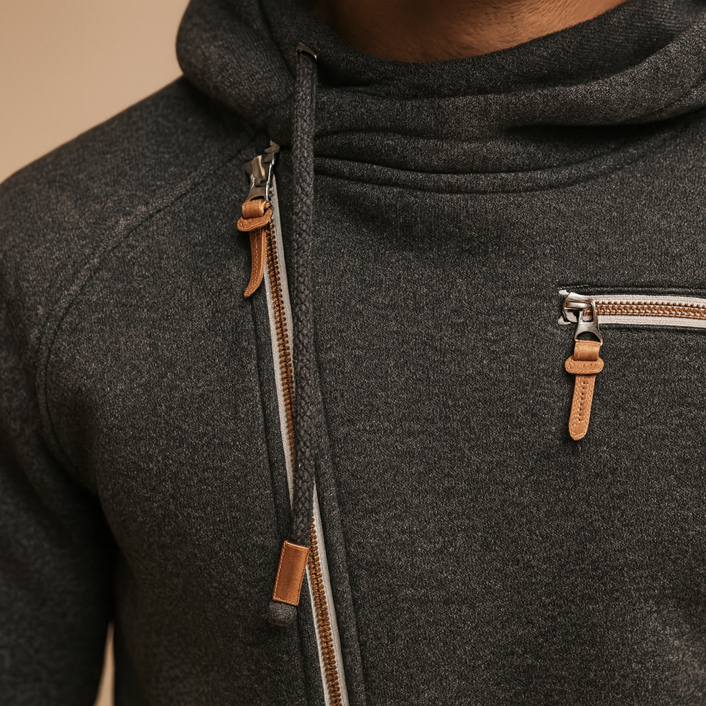 Men’s hooded zip cardigan with warm comfortable fit, modern design, and practical pockets for autumn and winter wear.
