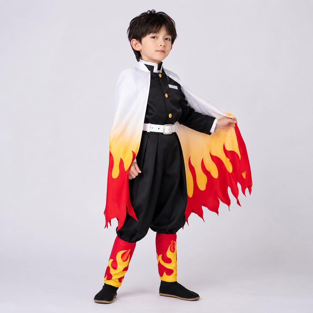 Kids' Anime Cosplay Costume with Flame Pattern Cape and Warrior Character Outfit - Image 1