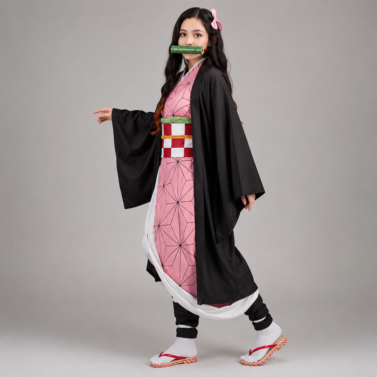 Kids' Anime Cosplay Costume with Kimono Haori Jacket Checkered Pattern and Leg Wraps - Image 1