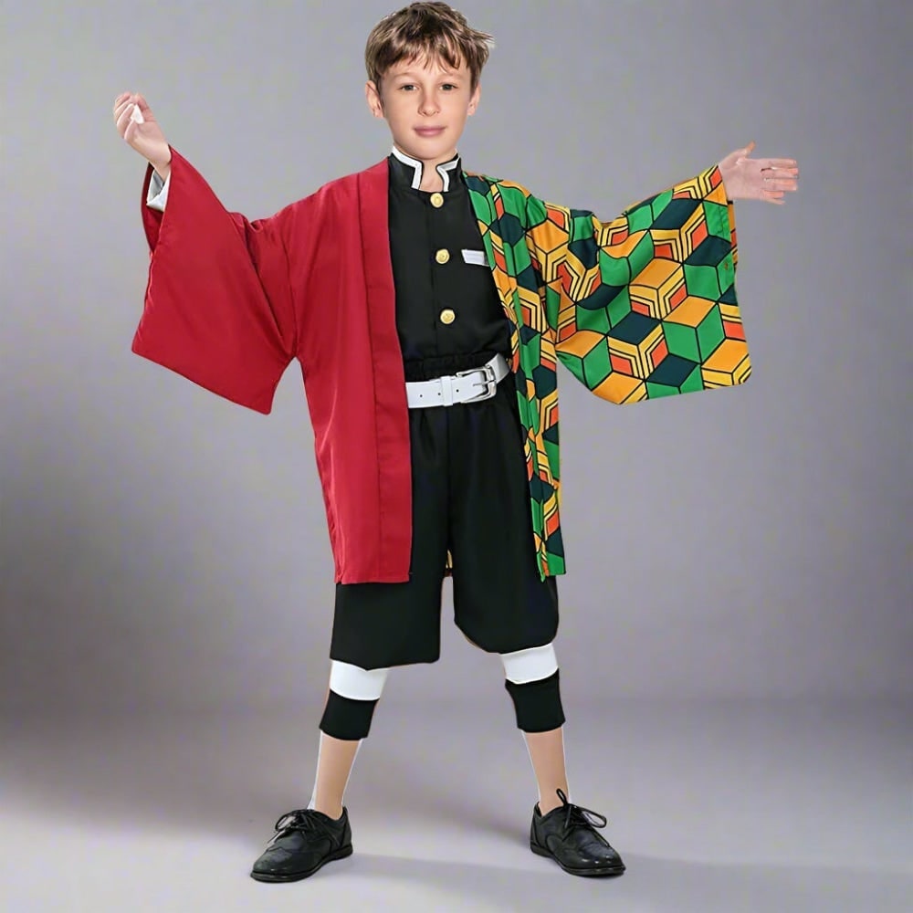 Kids' Anime Cosplay Costume with Kimono Haori Jacket Checkered Pattern and Leg Wraps - Image 11