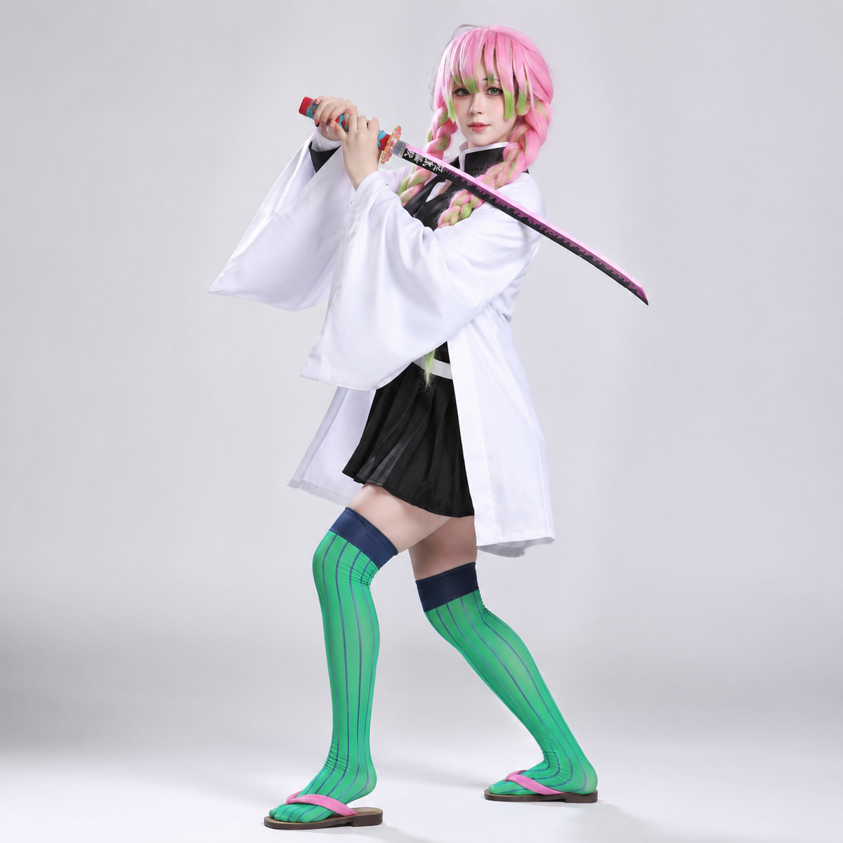 Kids' Anime Cosplay Costume with Kimono Haori Jacket Checkered Pattern and Leg Wraps - Image 14