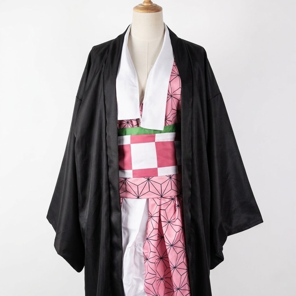 Kids' Anime Cosplay Costume with Kimono Haori Jacket Checkered Pattern and Leg Wraps - Image 2